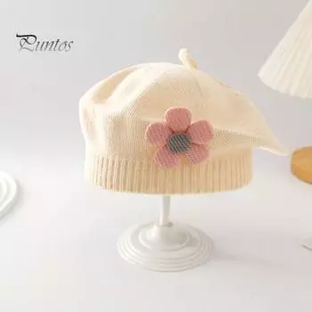 Зимняя шапка для девочек с цветочным декором, вязаная эластичная, нескользящая, детская шапка художника, реквизит для фотосъемки, повседневный головной убор для путешествий, школы, шопинга бежевый