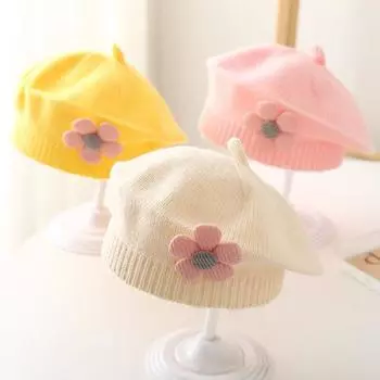 Зимняя шапка для девочек с цветочным декором, вязаная эластичная, нескользящая, детская шапка художника, реквизит для фотосъемки фиолетовый