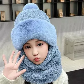Зимняя шапка для девочек, защита ушей, ветрозащитный шарф для езды на велосипеде, корейский шарф, цельные шапки для детей, толстый бархат, теплая шапка для головы one size