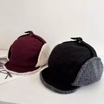 Зимняя шапка для катания на лыжах, холодная, мужская, трендовая, новая, из овечьей шерсти, утолщенная, защитная шапка для ушей, детская M56-58cm чёрный