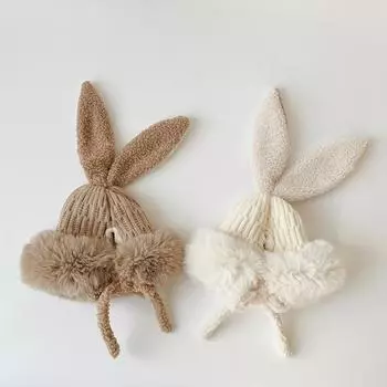 Зимняя шапка для маленьких мальчиков и девочек, новая корейская модная шапка с ушками кролика, теплая утепленная плюшевая защитная шапка с ушками для детей 2–12 лет