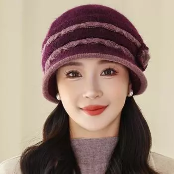 Зимняя шапка для мам, защита ушей, цветная шапка из кроличьей шерсти, женская толстая ветрозащитная вязаная шапка темно-фиолетового