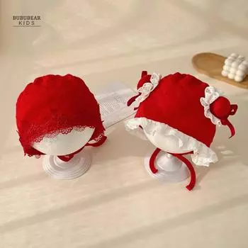 Зимняя шапка для новорожденного, красная шапка принцессы на новый год, шапка для новорожденного с ушками, волосы плода reference age: 0-June 36-44cm