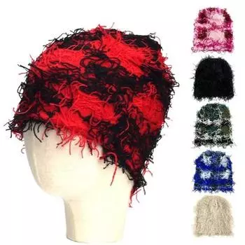 Зимняя шапка для пары, однотонная, нечеткая, рваная, вязаная, эластичная, противоскользящая, теплая, мягкая, защита головы, шапка унисекс в стиле хип-хоп, шапка-бини, шапка с черепами, зимние головные уборы синий