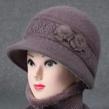 Зимняя шапка для пожилых женщин среднего возраста, связанная из пряжи кролика для тепла Шапка-тазик для пожилых людей Бабушка в бархатной шапке one size