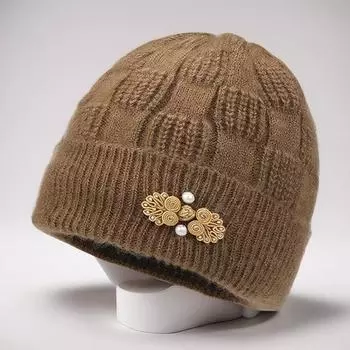 Зимняя шапка для женщин среднего возраста с цветочной аппликацией, декорированная куполом, вязаная эластичная шапочка вино красного