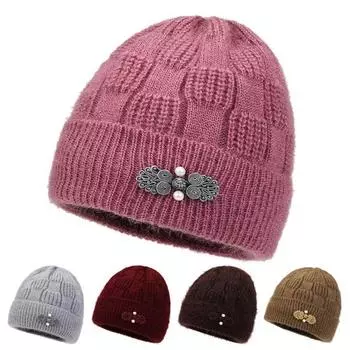 Зимняя шапка для женщин среднего возраста с цветочной аппликацией, декорированная куполом, трикотажная эластичная шапочка, однотонная, без полей, сохраняющая тепло, зимняя шапка для бабушки и мамы фиолетовый