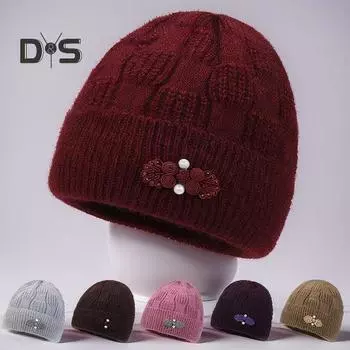 Зимняя шапка для женщин среднего возраста с цветочной аппликацией, декорированная куполом, трикотажная эластичная шапочка, однотонная, без полей, сохраняющая тепло, зимняя шапка для бабушки и мамы хаки