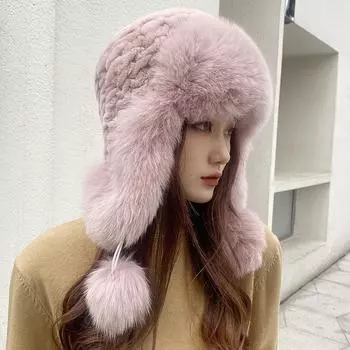 Зимняя шапка для женщин, теплая, из натурального меха кролика Рекс, вязаная шапка с ушами, сшитая вручную, модная шапка-бомбер 52-60cm