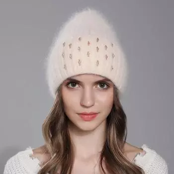 Зимняя шапка для женщин, теплая вязаная шапка из меха ангорского кролика, модная шапка с бусинами, женская повседневная роскошная шапка высокого качества One Size чёрный