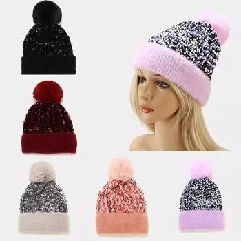 Зимняя шапка Gebreide Mutsen Hoeden Vrouwen Luxe Bing Pailletten Beanie Skullies Vrouwelijke Bont Pompom Hoed Motorkap Beanie Caps чёрный