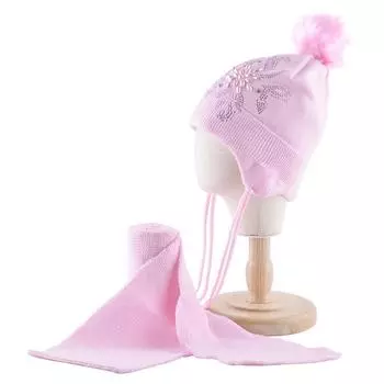 Зимняя шапка и шарф для девочек, теплая однотонная вязаная шапка, комплект с жемчугом, помпоном из искусственного меха, детская шапка 45-52CM