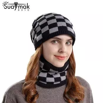 Зимняя шапка и шарф, плюс бархатная теплая защита для ушей, шерстяная шапка, трансграничная женская вязаная шапка из Европы и Америки серый