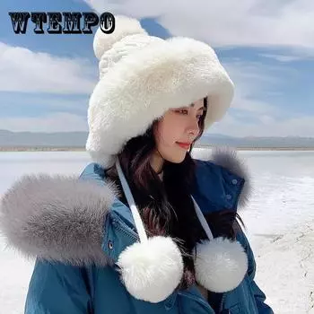 Зимняя шапка из искусственного кроличьего меха, женская вязаная плюшевая шерстяная шапка, милая и милая теплая шапка с защитой ушей розовый