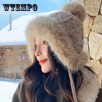 Зимняя шапка из искусственного меха лисы для женщин - толстая теплая вязаная шапка-ушанка, ручная стирка, смесь хлопка, не растягивается One size чёрный