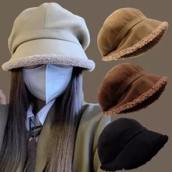 Зимняя шапка из искусственной овечьей шерсти, женская зимняя ретро-швейная однотонная шерстяная утолщенная плюшевая подкладка, корейская мода, восьмиугольная шапка с утиным язычком чёрный