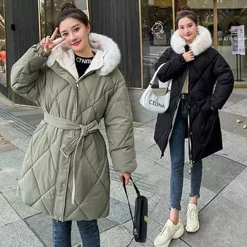 Зимняя шапка из ягненка с большим меховым воротником и талией, стеганая куртка с ромбами и узким пухом M чёрный