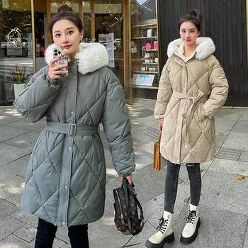 Зимняя шапка из ягненка с большим меховым воротником и талией, стеганая куртка с ромбами и узким пухом M