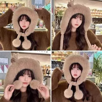 Зимняя шапка из рогов оленя ветрозащитная защитная шапка для ушей милая мягкая меховая шапка из рогов оленя женская коричневый