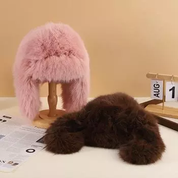 Зимняя шапка Lei Feng для девочек 2024 года: Утепленная меховая шапка с наушниками для холодной погоды темно-серого