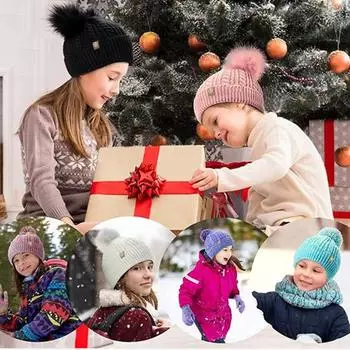 Зимняя шапка, перчатки, шарф, комплект для девочек и мальчиков, шапка с помпоном, вязаные утеплители для шеи, перчатки, шарф на флисовой подкладке, комплект для детей 4-10 лет
