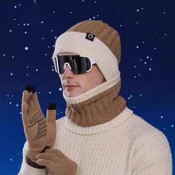 Зимняя шапка, перчатки, шарф, мужской вязаный свитер, шапка, бархатная теплая, защита ушей, шерстяная шапка, комплект из трех частей хаки