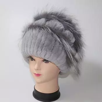Зимняя шапка ручной вязки из натурального меха кролика Рекс, женская теплая качественная шапка из меха кролика Рекс с лисьим мехом, женская натуральная мягкая шапка из натурального меха Good elasticity 52cm-60cm светло-серый