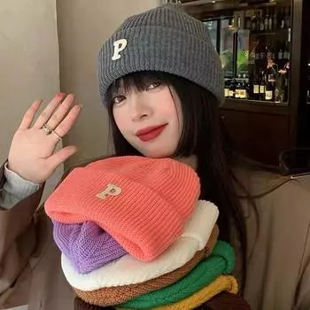 Зимняя шапка с буквой P, женская вязаная шапка, унисекс, шапка-бини, модная повседневная, толстая, теплая, хип-хоп, спортивная, лыжная, вязаная шапка озеро синий