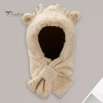 Зимняя шапка с интегрированным шарфом, декор в виде рогов оленя, плотный плюш, полная защита, вязаный эластичный однотонный головной убор для активного отдыха на открытом воздухе кофейный