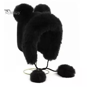 Зимняя шапка с интегрированным шарфом, украшением в виде медвежьих ушей, густая искусственная норковая шерсть, полная защита, вязаный эластичный однотонный головной убор для активного отдыха на природе чёрный