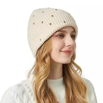 Зимняя шапка с кроликом, инкрустированная бриллиантами, женская толстая вязаная шапка, уличная шапка чёрный