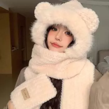 Зимняя шапка с медведем, комплект из трех предметов, теплый нагрудник для школьницы, перчатки, плюшевая шапка Long 3-piece Bear set бежевый