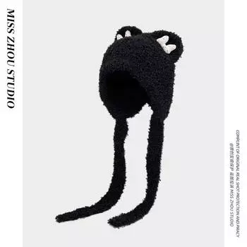 Зимняя шапка с медвежьими ушками для девочки, милая, симпатичная, ремешок, плюшевая шапка, теплая, защитная наушник, головной убор, пуловер One Size