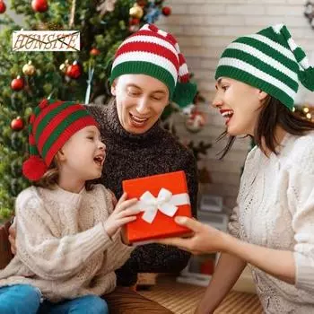 Зимняя шапка Санты Вязаная полосатая шапка с принтом в тон, плюшевый шарик, высокая эластичность, противоскользящая, унисекс, защита ушей, морозостойкая рождественская шапка, шапочка Adult зелёный