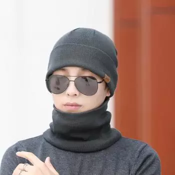 Зимняя шапка, шарф, комплект из двух предметов, мужская уличная защита ушей, бархатная защита шеи, вязаная шапка, шерстяная шапка с рукавами, шапочки Skullies, лыжная кепка с напуском чёрный