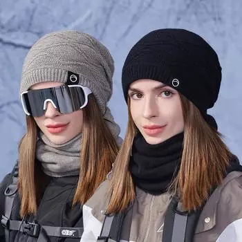 Зимняя шапка шарф комплект из двух предметов женская уличная бархатная теплая теплые наушники вязаная шерстяная шапка темно-синий