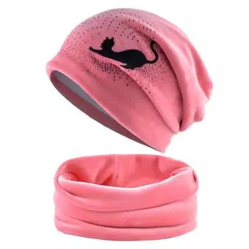 Зимняя шапка, шарф, комплекты для женщин, милые шапочки с котом и стразами, теплые шапки и шарф для девочек 55-59cm