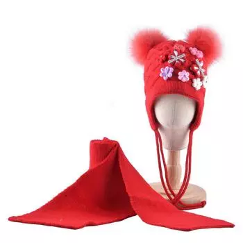 Зимняя шапка, шарф, набор для детей, милая вязаная шапка с двумя помпонами, толстая шапка для маленьких девочек 45-51CM