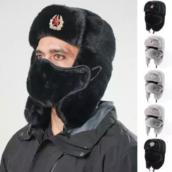 Зимняя шапка унисекс Lei Feng Hat Полная защита Утолщенный искусственный мех кролика Мягкая ветрозащитная теплая мягкая бейдж Декор Открытый Кемпинг Кепка для пешего туризма A