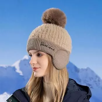 Зимняя шапка-ушанка с флисовой подкладкой и меховым помпоном, модная шерстяная шапка-свитер, теплая вязаная шапка, защищающая от холода average size бежевый