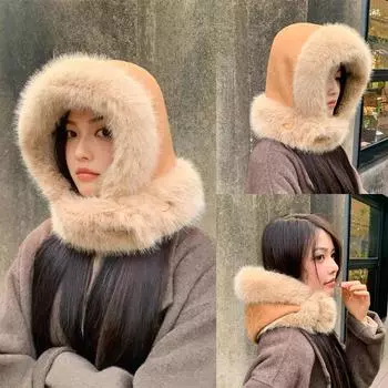 Зимняя шапка-ушанка с капюшоном для женщин, вязаная кашемировая теплая лыжная ветрозащитная шапка с толстым плюшевым пушистым капюшоном One Size серый