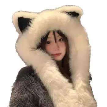 Зимняя шапка в форме лисьего уха, интегрированная шапка-шарф, мягкая плюшевая утолщенная шапка-бини, повседневная ветрозащитная теплая шапка для женщин