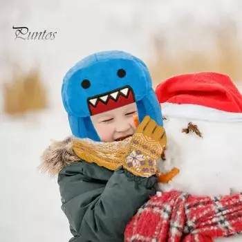 Зимняя шапка в мультяшном стиле из толстого плюша с ушами, защита ушей, ветрозащитный ремешок на шнуровке, головной убор для мальчиков и девочек синий