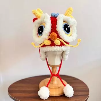 Зимняя шапка в национальном стиле с изображением дракона и льва, красная, с защитой от ушей, вязаная вручную, теплая, праздничная, из утолщенной шерсти M56-58cm красный