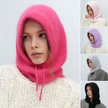 Зимняя шапка вязаная регулируемая завязка на шею и уши защита однотонная теплая унисекс осень розы красного