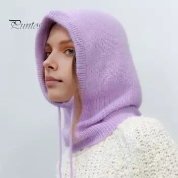 Зимняя шапка вязаная регулируемая завязка на шею и уши защита однотонная теплая унисекс осень зима активный отдых повседневная одежда головной убор фиолетовый