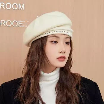 Зимняя шапка женская берет эластичный трикотажный однотонный мягкий теплый толстый ветрозащитный декоративный французский художник винтажный элегантный C One Size чёрный