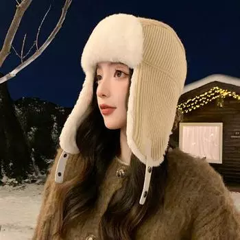 Зимняя шапка женская флисовая утолщенная теплая шапка Lei Feng, морозостойкая вязаная лыжная шапка для езды на велосипеде, защита ушей, плюшевая шапка