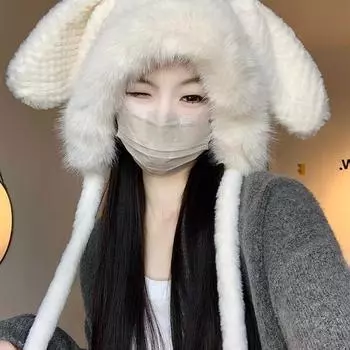 Зимняя шапка женская мохнатая милая кроличья ушка шапка Lei Feng теплая защитная шапка мешок голова холодная шапка утолщенный пуловер шапка