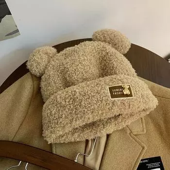 Зимняя шерстяная полосатая плюшевая теплая утолщенная вязаная шапка для защиты ушей белый